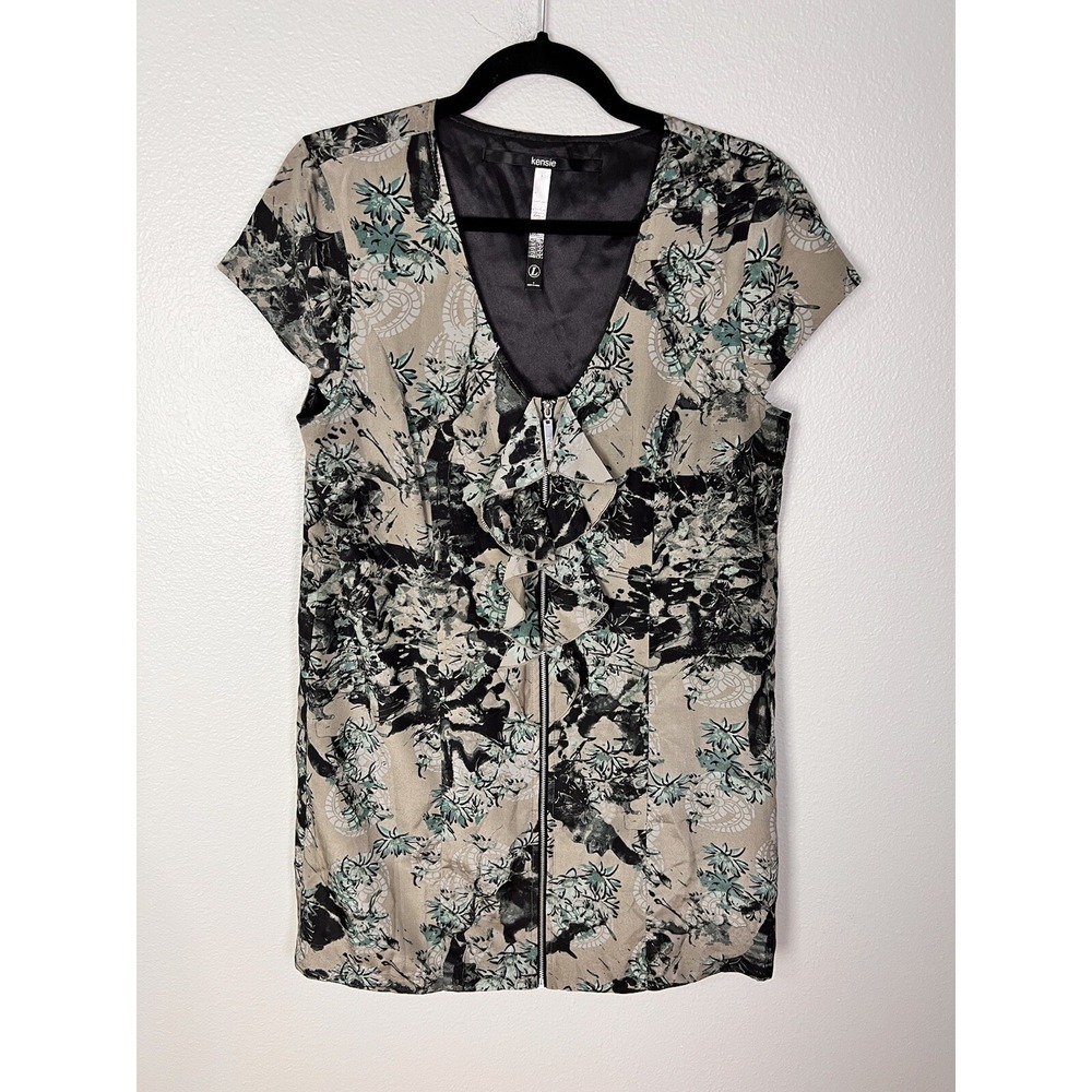 Kensie Womens Size Large Exposed Zipper Ruffle Front Cap Sleeve Floral Dress